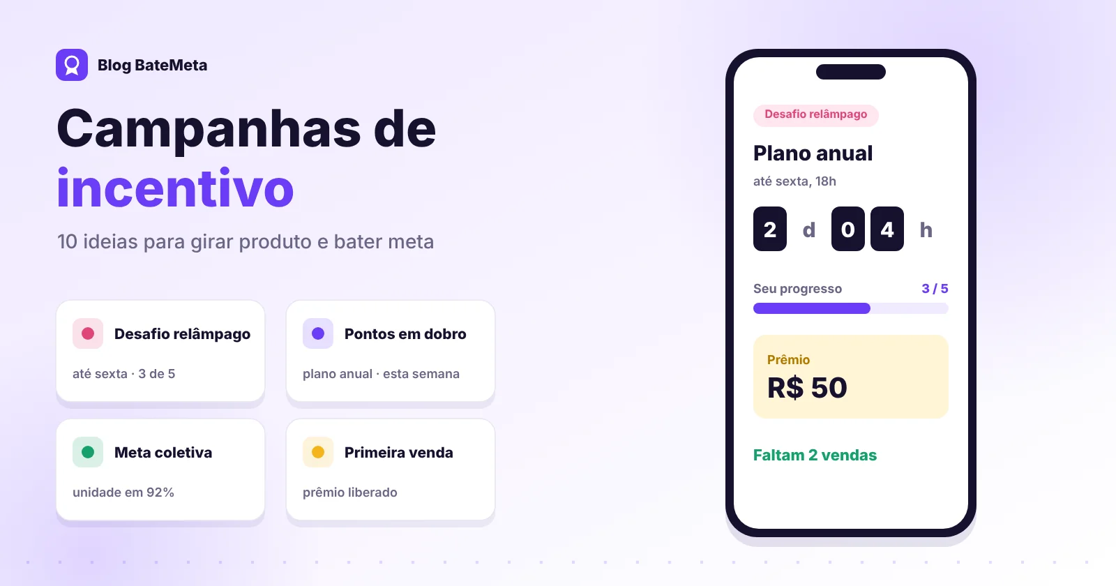 Cartões de desafios de vendas com prazo, pontos em dobro e prêmio liberado