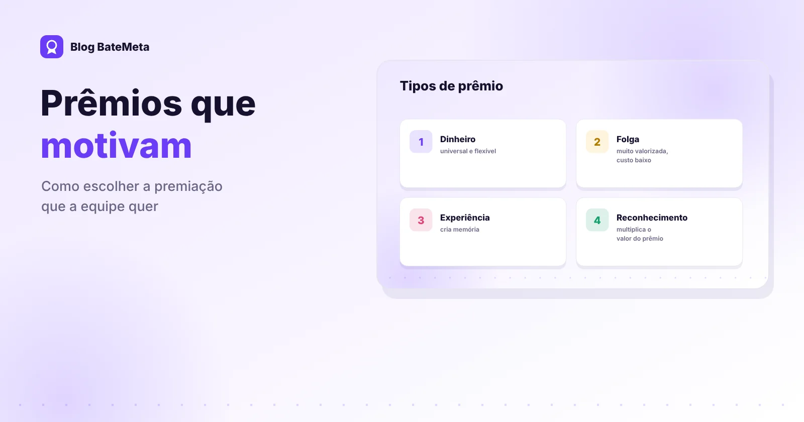 Opções de prêmios para a equipe de vendas: dinheiro, folga, experiência e reconhecimento