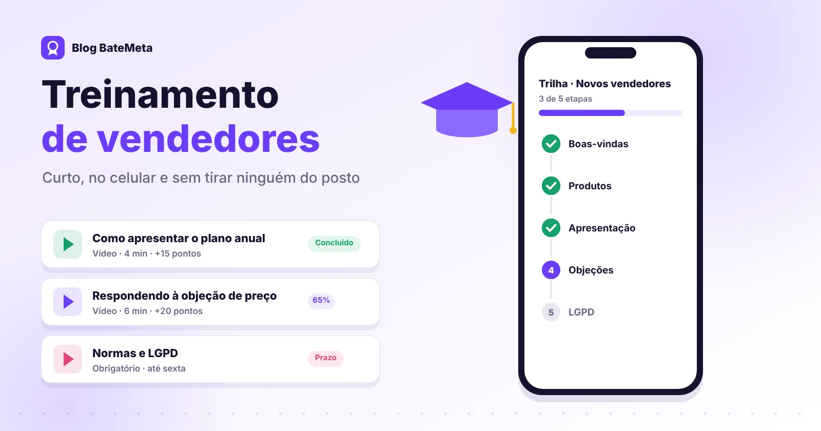 Celular com uma trilha de treinamento, vídeos curtos e progresso de conclusão