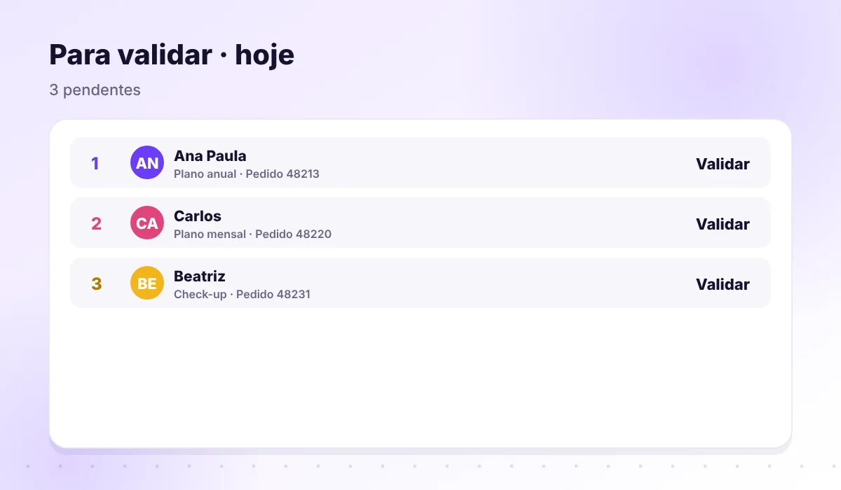 Fila de validação de vendas com aprovar e recusar