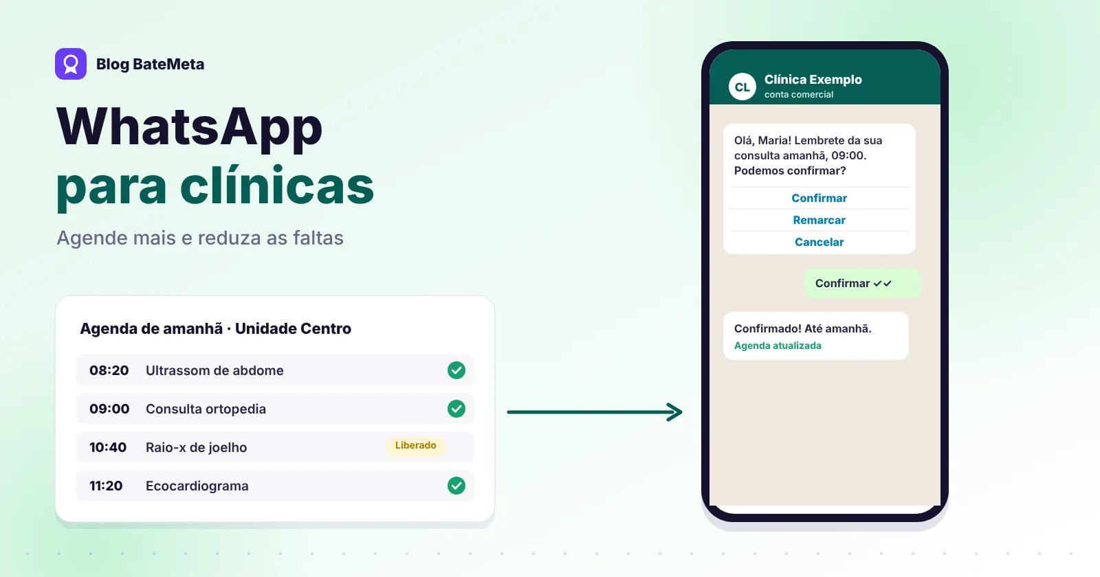 Conversa de WhatsApp de confirmação de consulta com botões e agenda com horários confirmados